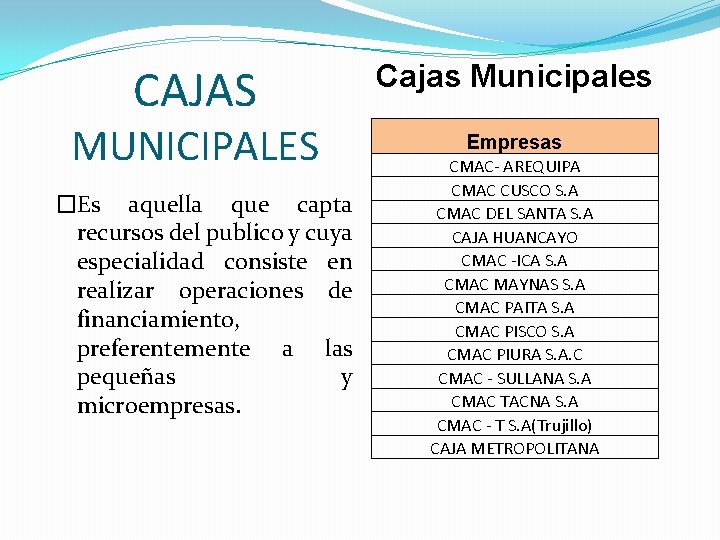 CAJAS MUNICIPALES �Es aquella que capta recursos del publico y cuya especialidad consiste en