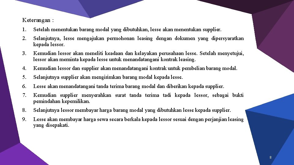 Keterangan : 1. Setelah menentukan barang modal yang dibutuhkan, lesse akan menentukan supplier. 2.