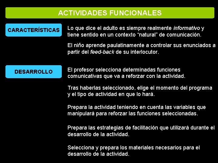 ACTIVIDADES FUNCIONALES CARACTERÍSTICAS Lo que dice el adulto es siempre realmente informativo y tiene