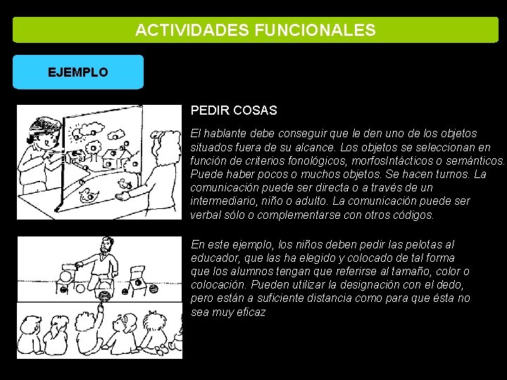 ACTIVIDADES FUNCIONALES EJEMPLO PEDIR COSAS El hablante debe conseguir que le den uno de