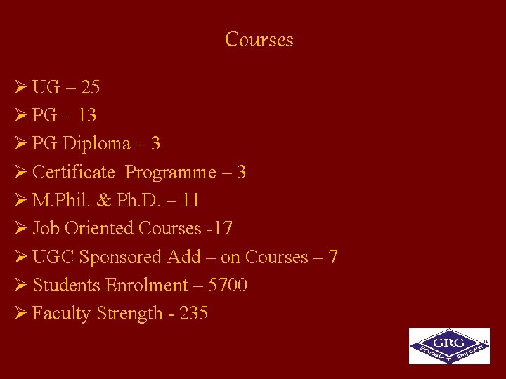 Courses Ø UG – 25 Ø PG – 13 Ø PG Diploma – 3