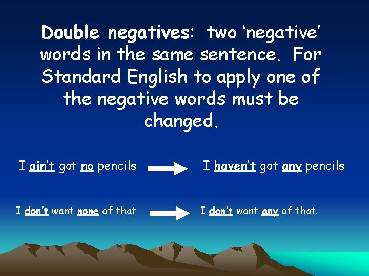 Double negatives: two ‘negative’ words in the same sentence. For Standard English to apply