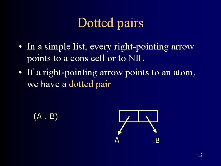 Dotted pairs • In a simple list, every right-pointing arrow points to a cons