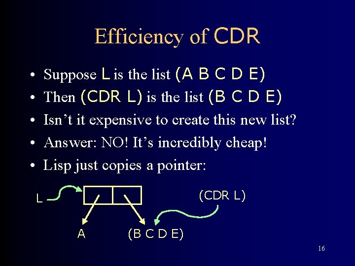 Efficiency of CDR Suppose L is the list (A B C D E) Then