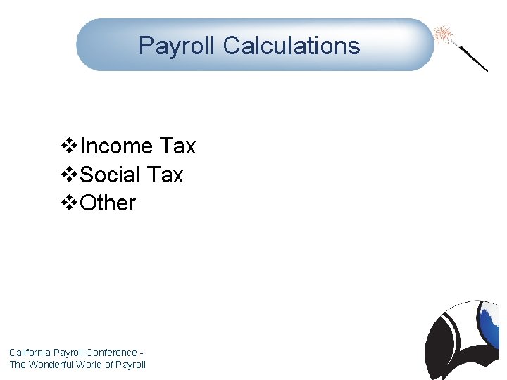 Payroll Calculations v. Income Tax v. Social Tax v. Other California Payroll Conference The