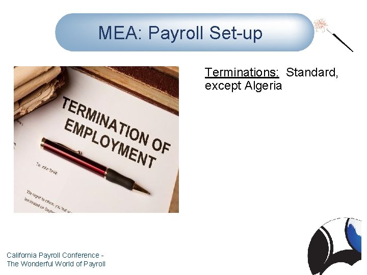 MEA: Payroll Set-up Terminations: Standard, except Algeria California Payroll Conference The Wonderful World of