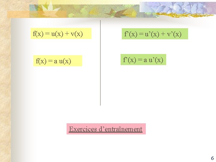 f(x) = u(x) + v(x) f(x) = a u(x) f’(x) = u’(x) + v’(x)