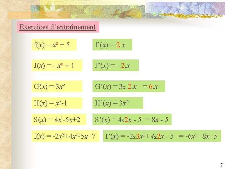 Exercices d’entraînement f(x) = x² + 5 f’(x) = 2. x J(x) = -