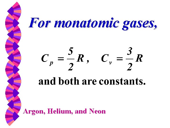 For monatomic gases, Argon, Helium, and Neon 