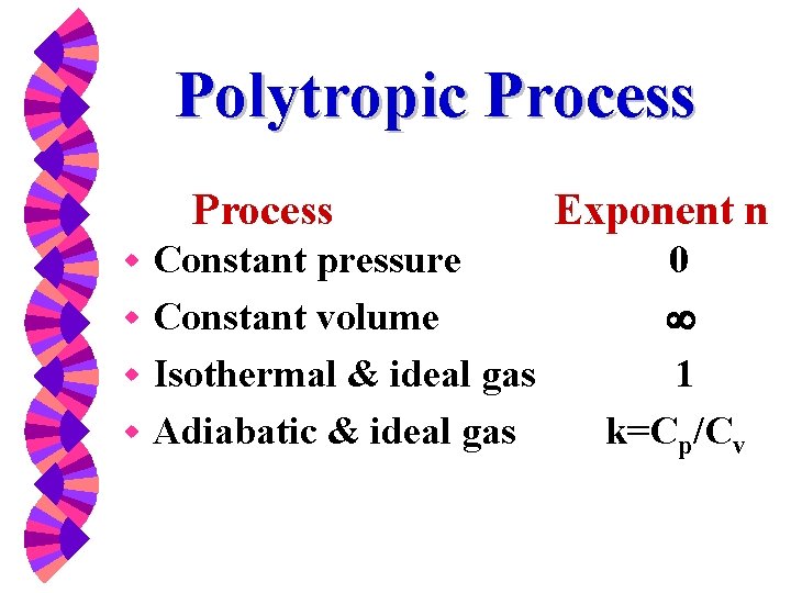 Polytropic Process Constant pressure w Constant volume w Isothermal & ideal gas w Adiabatic