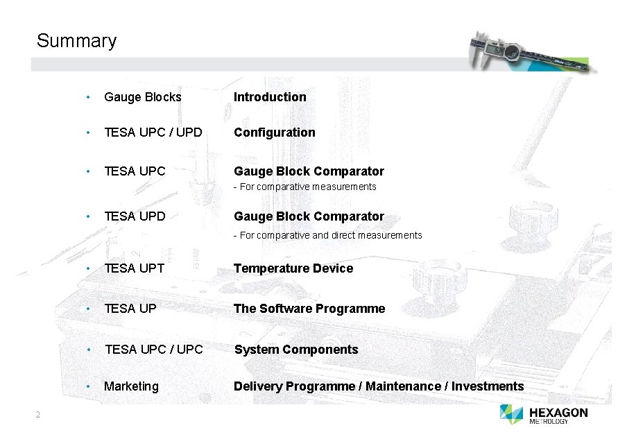 Summary • Gauge Blocks Introduction • TESA UPC / UPD Configuration • TESA UPC