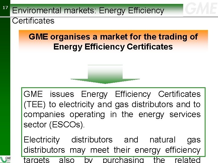 17 17 Enviromental markets: Energy Efficiency Certificates GME organises a market for the trading