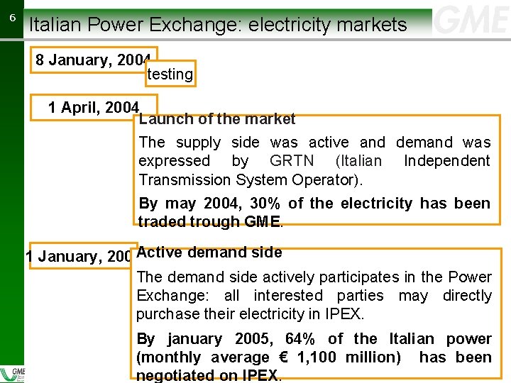 66 Italian Power Exchange: electricity markets 8 January, 2004 testing 1 April, 2004 Launch