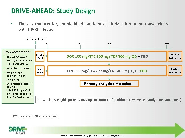 DRIVE-AHEAD: Study Design • Phase 3, multicenter, double-blind, randomized study in treatment-naïve adults with
