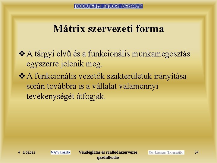 Mátrix szervezeti forma v A tárgyi elvű és a funkcionális munkamegosztás egyszerre jelenik meg.