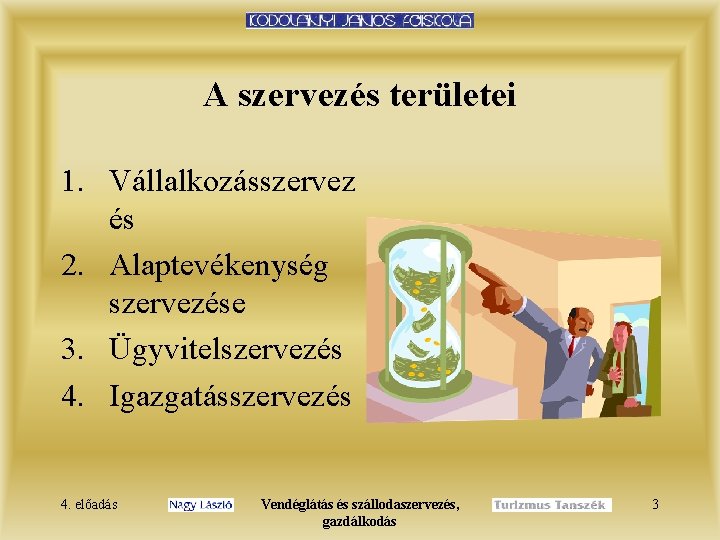 A szervezés területei 1. Vállalkozásszervez és 2. Alaptevékenység szervezése 3. Ügyvitelszervezés 4. Igazgatásszervezés 4.