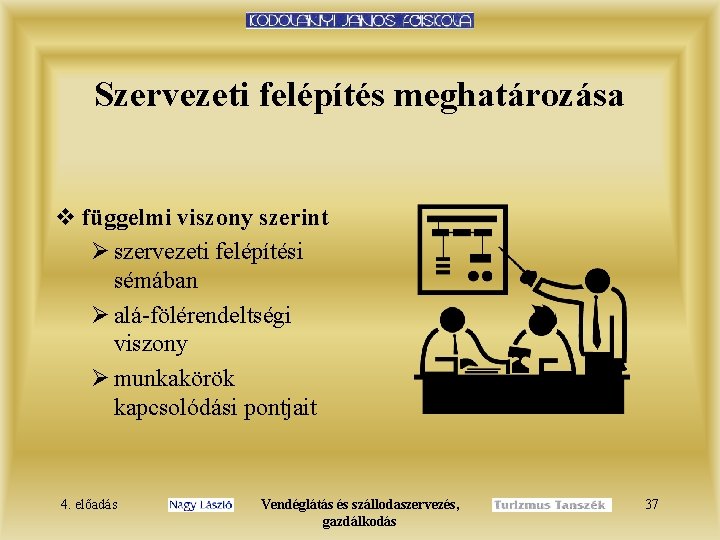 Szervezeti felépítés meghatározása v függelmi viszony szerint Ø szervezeti felépítési sémában Ø alá-fölérendeltségi viszony