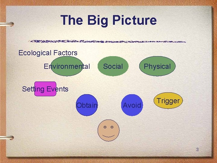 The Big Picture Ecological Factors Environmental Social Physical Setting Events Obtain Avoid Trigger 3