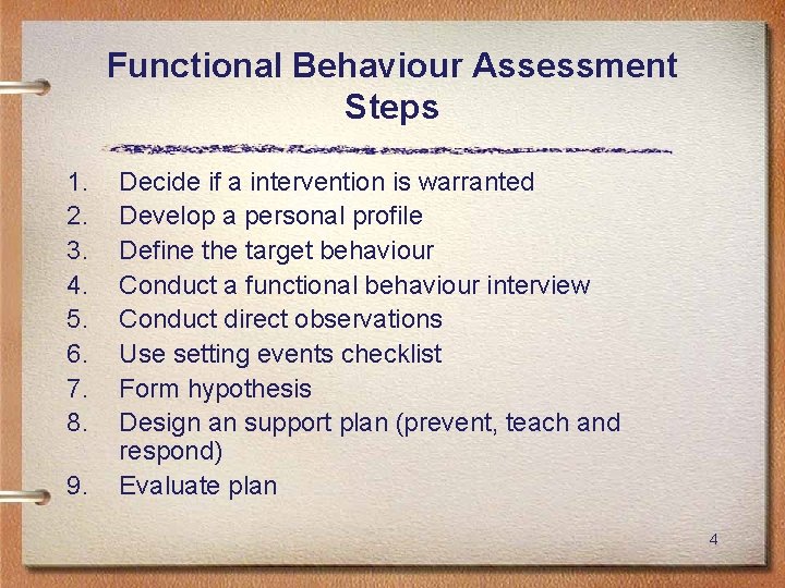 Functional Behaviour Assessment Steps 1. 2. 3. 4. 5. 6. 7. 8. 9. Decide