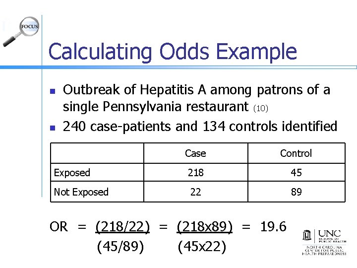 Calculating Odds Example n n Outbreak of Hepatitis A among patrons of a single