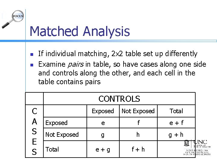 Matched Analysis n n If individual matching, 2 x 2 table set up differently