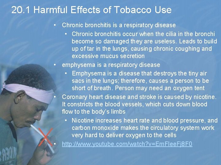 20. 1 Harmful Effects of Tobacco Use • Chronic bronchitis is a respiratory disease