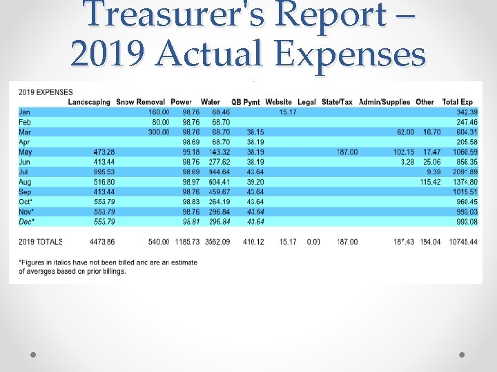 Treasurer's Report – 2019 Actual Expenses 