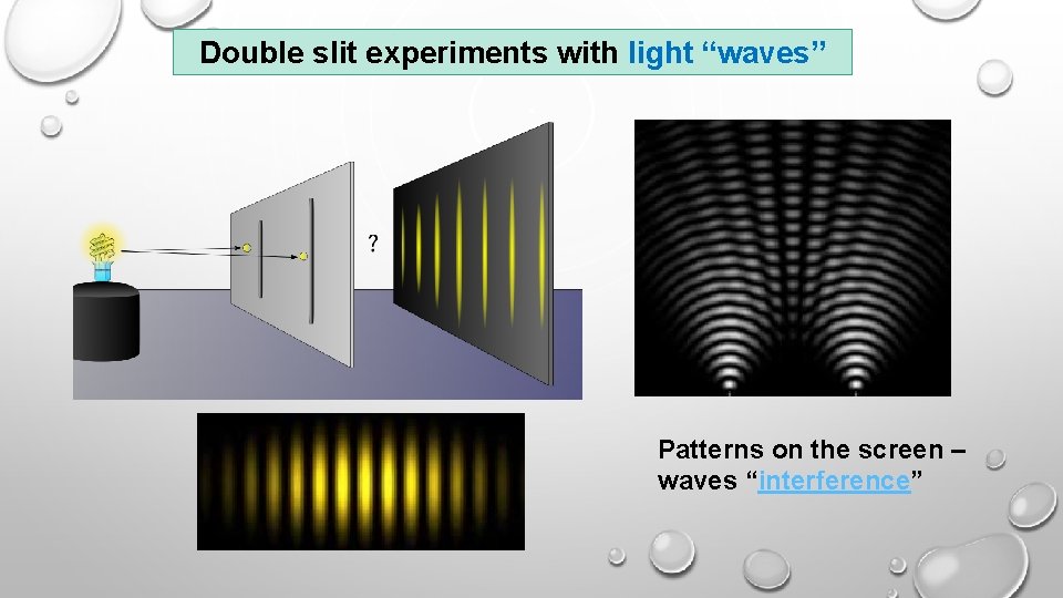 Double slit experiments with light “waves” Patterns on the screen – waves “interference” 