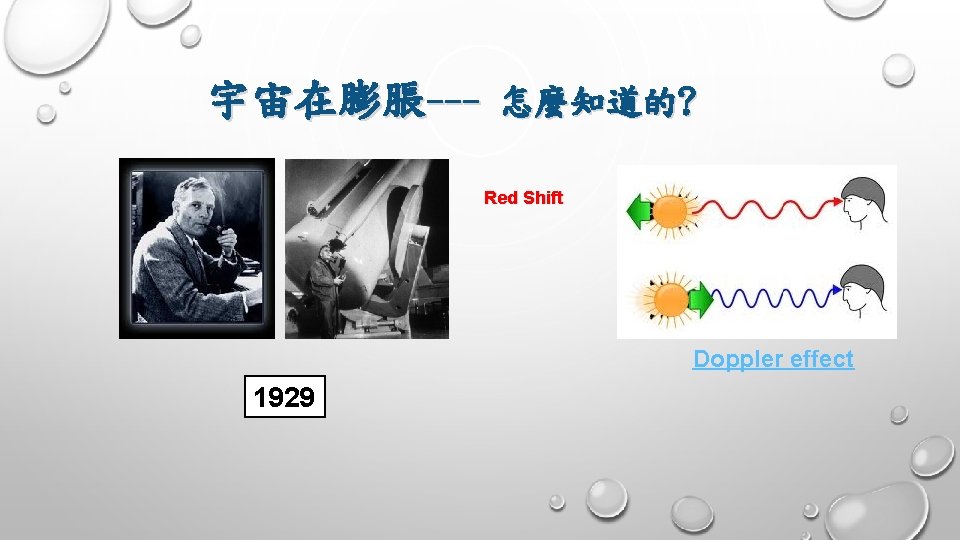 宇宙在膨脹--- 怎麼知道的? Red Shift Doppler effect 1929 