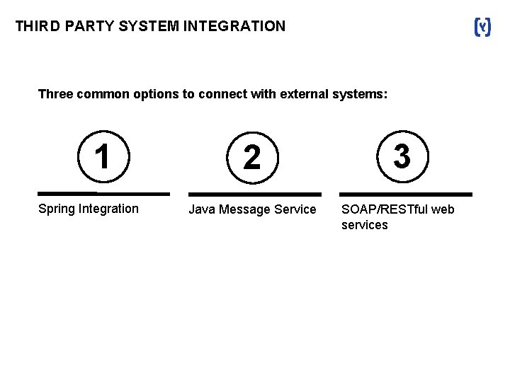 THIRD PARTY SYSTEM INTEGRATION Three common options to connect with external systems: 1 Spring