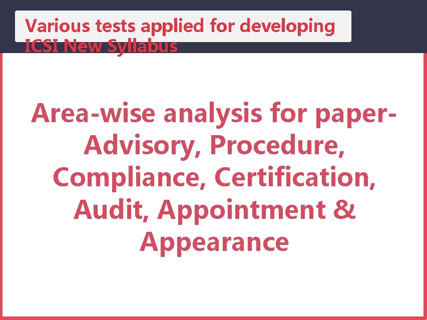 Various tests applied for developing ICSI New Syllabus Area-wise analysis for paper. Advisory, Procedure,