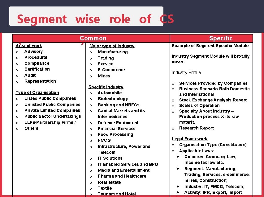Segment wise role of CS Common (Illustrative) Area of work o Advisory o Procedural