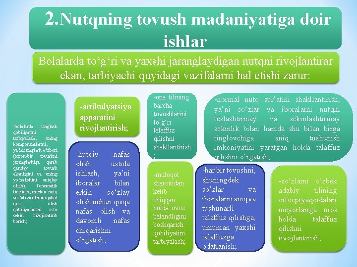  2. Nutqning tovush mаdаniyatigа doir ishlаr Bolаlаrdа tо‘g‘ri vа yaxshi jаrаnglаydigаn nutqni rivojlаntirаr