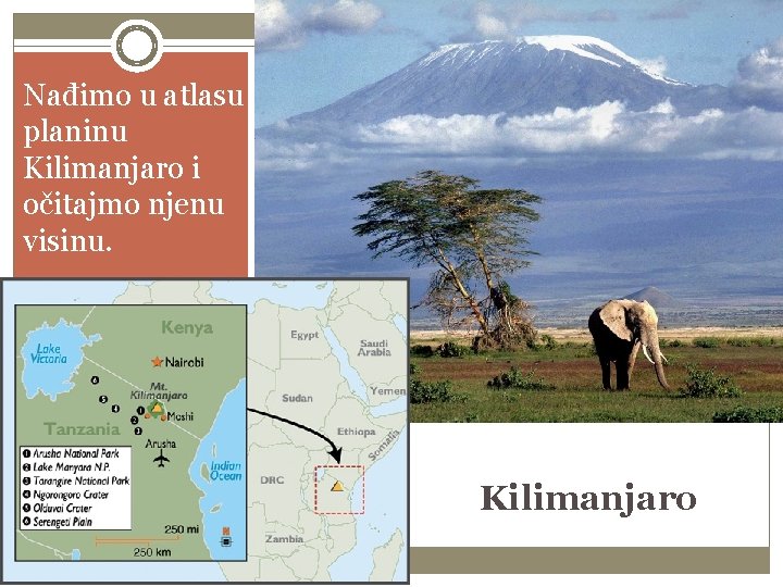 Nađimo u atlasu planinu Kilimanjaro i očitajmo njenu visinu. Kilimanjaro 