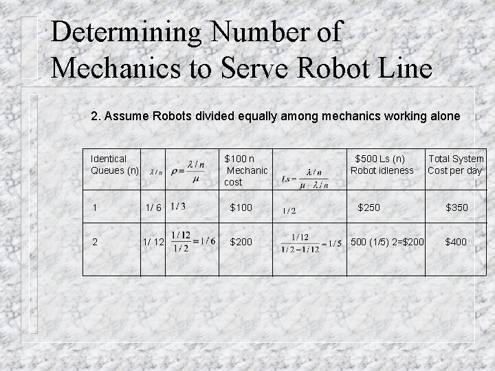 Determining Number of Mechanics to Serve Robot Line 2. Assume Robots divided equally among