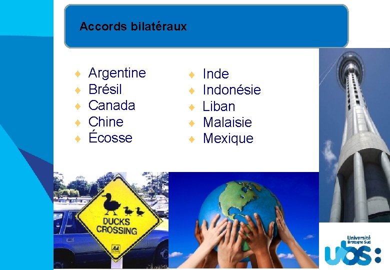 Accords bilatéraux ¨ ¨ ¨ Argentine Brésil Canada Chine Écosse ¨ ¨ ¨ Inde