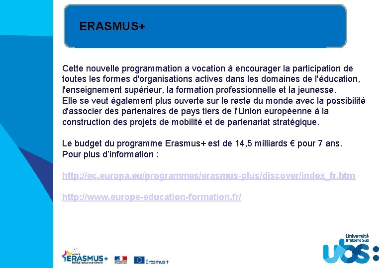 ERASMUS+ Cette nouvelle programmation a vocation à encourager la participation de toutes les formes