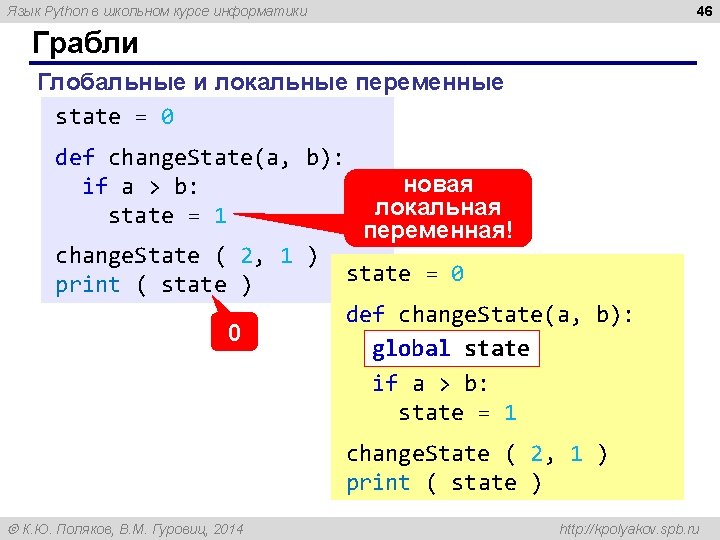 46 Язык Python в школьном курсе информатики Грабли Глобальные и локальные переменные state =