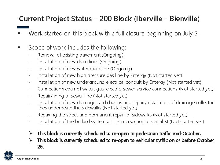 Current Project Status – 200 Block (Iberville - Bienville) § Work started on this