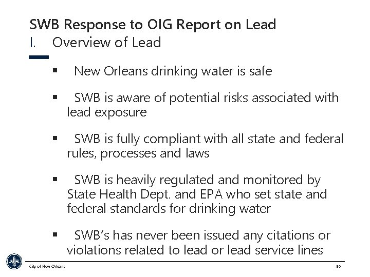 SWB Response to OIG Report on Lead I. Overview of Lead § New Orleans