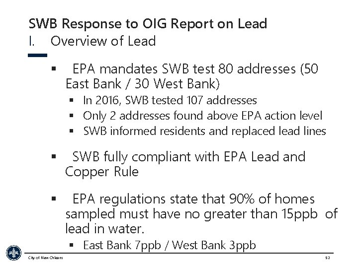 SWB Response to OIG Report on Lead I. Overview of Lead § EPA mandates