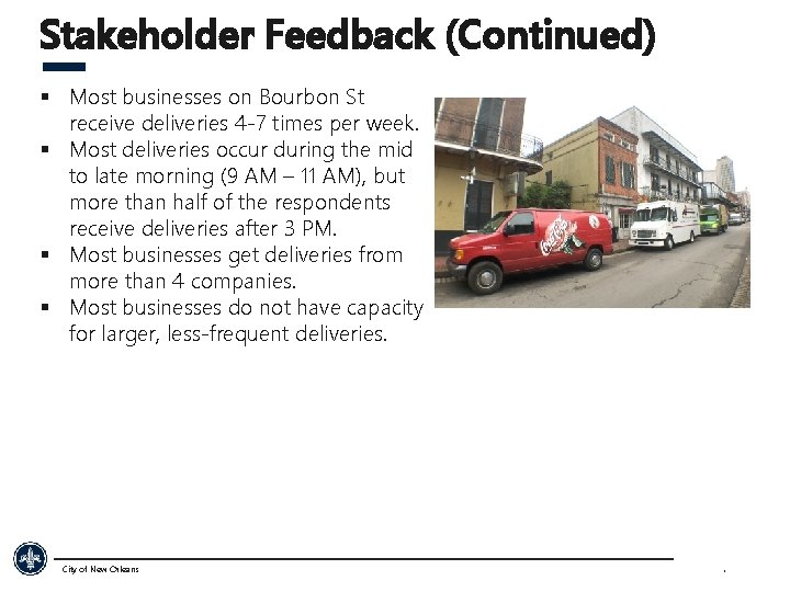 Stakeholder Feedback (Continued) § Most businesses on Bourbon St receive deliveries 4 -7 times