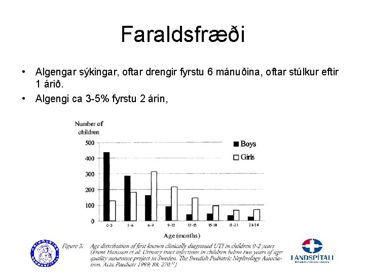 Faraldsfræði • Algengar sýkingar, oftar drengir fyrstu 6 mánuðina, oftar stúlkur eftir 1 árið.