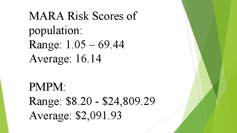 MARA Risk Scores of population: Range: 1. 05 – 69. 44 Average: 16. 14