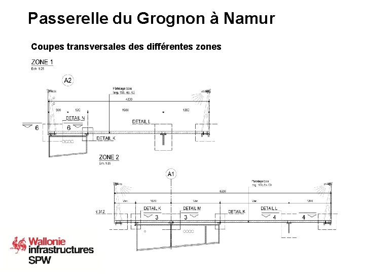 Passerelle du Grognon à Namur Coupes transversales différentes zones 