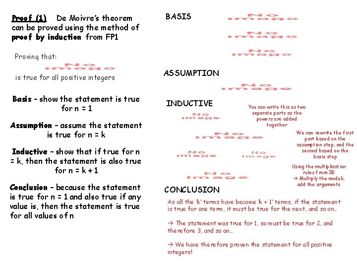 BASIS Proof (1) De Moivre’s theorem can be proved using the method of proof