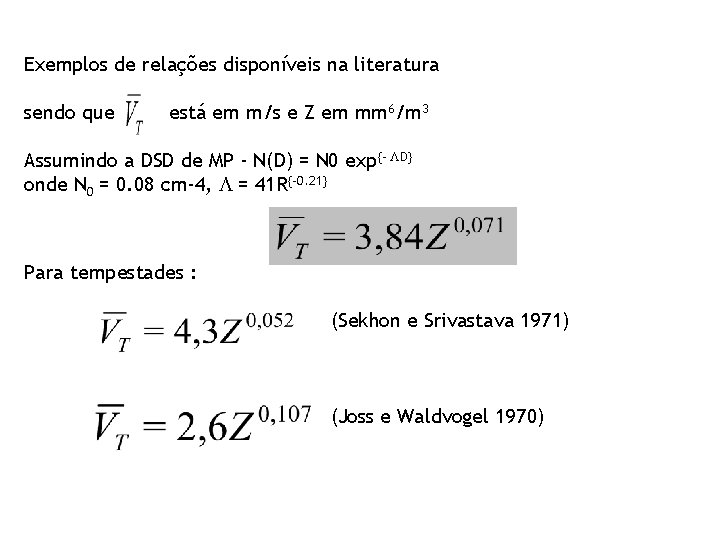 Exemplos de relações disponíveis na literatura sendo que está em m/s e Z em