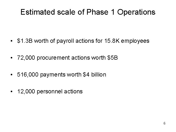 Estimated scale of Phase 1 Operations • $1. 3 B worth of payroll actions