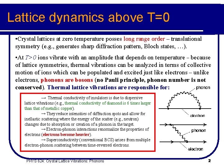 Lattice dynamics above T=0 • Crystal lattices at zero temperature posses long range order