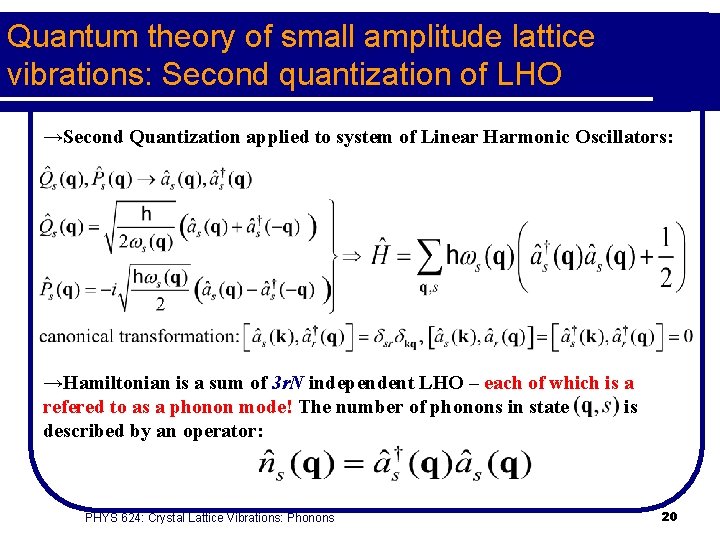 Quantum theory of small amplitude lattice vibrations: Second quantization of LHO →Second Quantization applied
